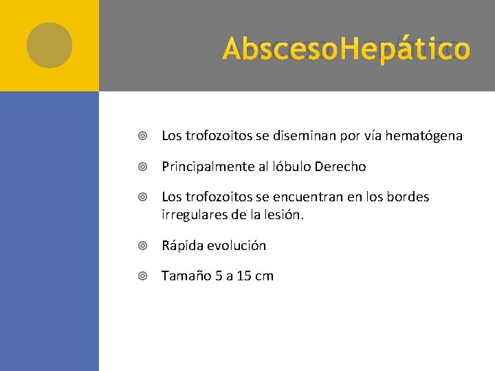 A BSCESO H EPÁTICO Los trofozoitos se diseminan por vía hematógena Principalmente al lóbulo