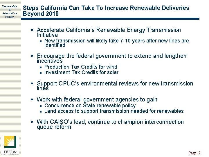 Renewable & Alternative Power Steps California Can Take To Increase Renewable Deliveries Beyond 2010