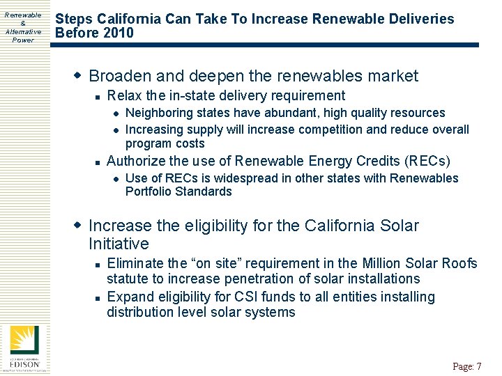Renewable & Alternative Power Steps California Can Take To Increase Renewable Deliveries Before 2010
