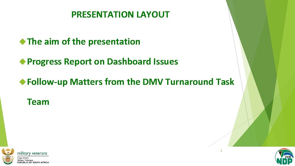 PRESENTATION LAYOUT The aim of the presentation Progress Report on Dashboard Issues Follow-up Matters