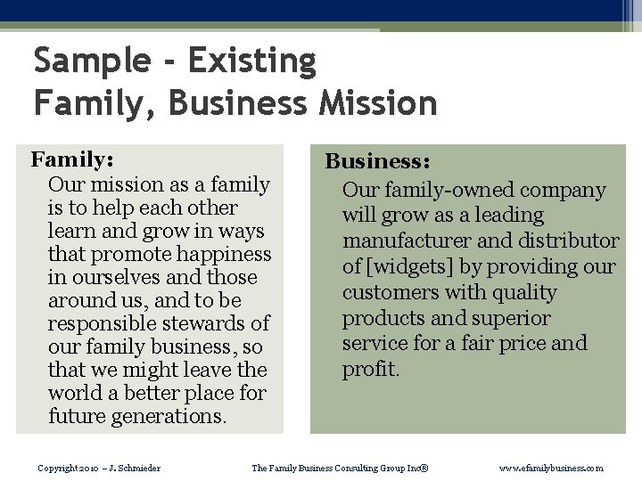 Sample - Existing Family, Business Mission Family: Our mission as a family is to