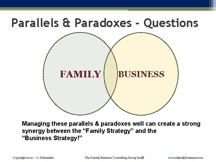 Parallels & Paradoxes - Questions FAMILY BUSINESS Managing these parallels & paradoxes well can