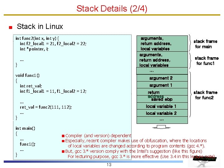 Stack Details (2/4) Stack in Linux int func 2(int x, int y) { int