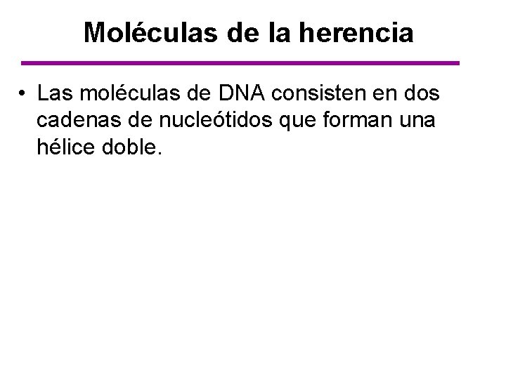 Moléculas de la herencia • Las moléculas de DNA consisten en dos cadenas de