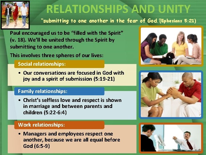 RELATIONSHIPS AND UNITY “submitting to one another in the fear of God. ”(Ephesians 5: