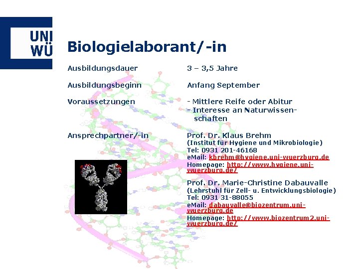 Biologielaborant/-in Ausbildungsdauer 3 – 3, 5 Jahre Ausbildungsbeginn Anfang September Voraussetzungen - Mittlere Reife