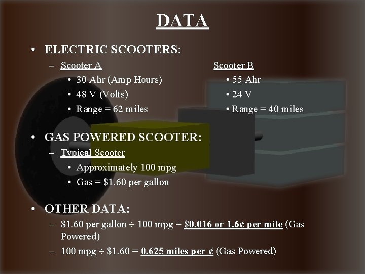 DATA • ELECTRIC SCOOTERS: – Scooter A • 30 Ahr (Amp Hours) • 48