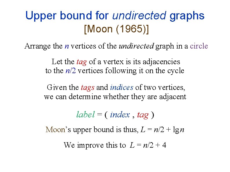 Upper bound for undirected graphs [Moon (1965)] Arrange the n vertices of the undirected