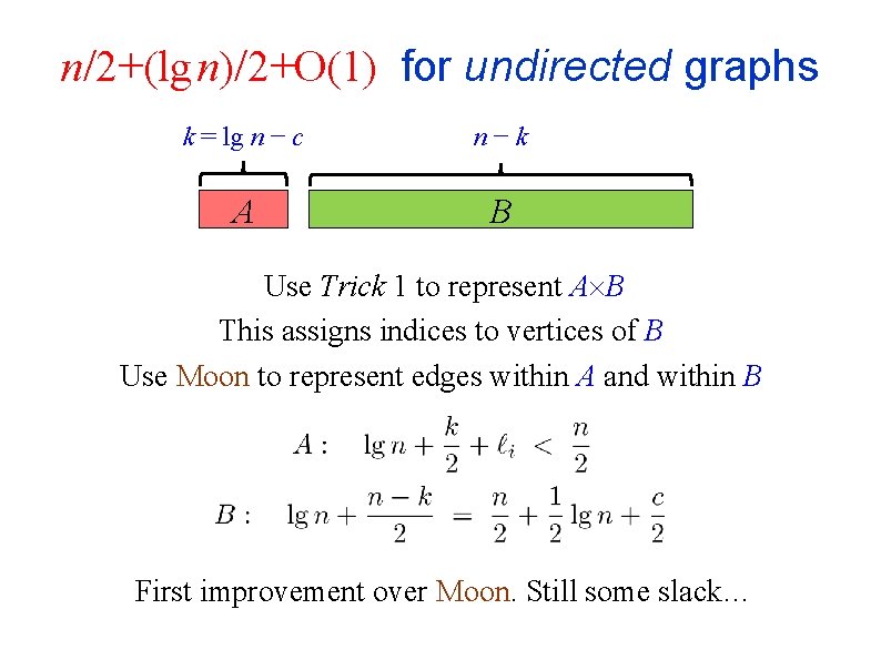 n/2+(lg n)/2+O(1) for undirected graphs k = lg n − c n−k A B