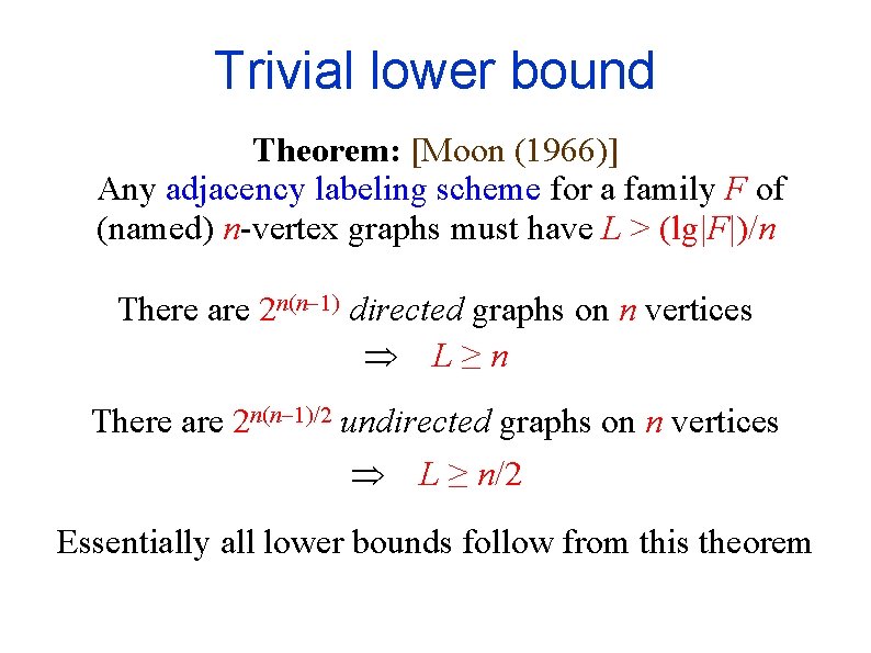 Trivial lower bound Theorem: [Moon (1966)] Any adjacency labeling scheme for a family F