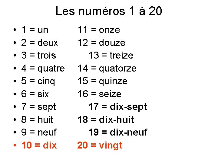 Les numéros 1 à 20 • • • 1 = un 2 = deux