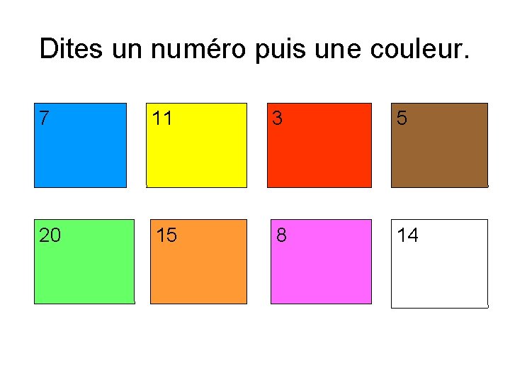 Dites un numéro puis une couleur. 7 11 3 5 20 15 8 14