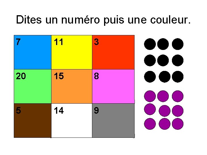 Dites un numéro puis une couleur. 7 11 3 20 15 8 5 14