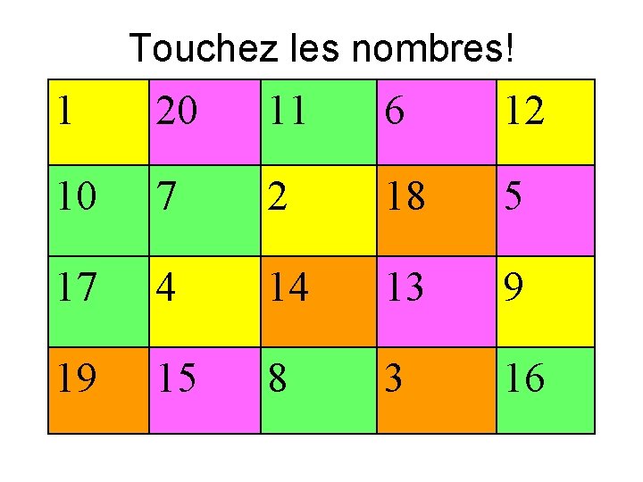 Touchez les nombres! 1 20 11 6 12 10 7 2 18 5 17