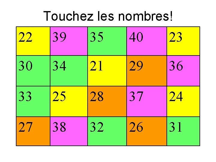 Touchez les nombres! 22 39 35 40 23 30 34 21 29 36 33