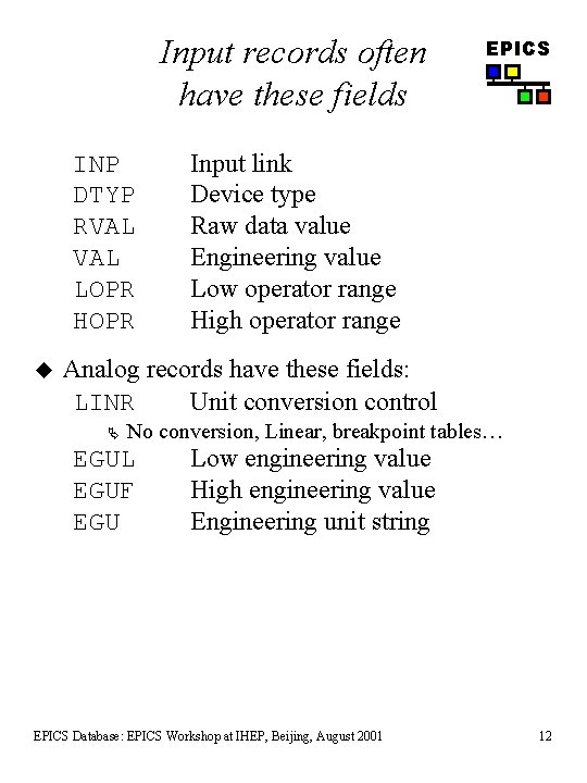 Input records often have these fields INP DTYP RVAL LOPR HOPR u EPICS Input