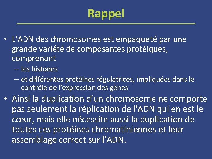 Rappel • L'ADN des chromosomes est empaqueté par une grande variété de composantes protéiques,