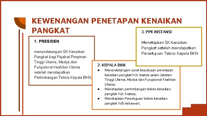 KEWENANGAN PENETAPAN KENAIKAN PANGKAT 3. PPK INSTANSI 1. PRESIDEN menandatangani SK Kenaikan Pangkat bagi KEWENANGAN PENETAPAN KENAIKAN PANGKAT 3. PPK INSTANSI 1. PRESIDEN menandatangani SK Kenaikan Pangkat bagi