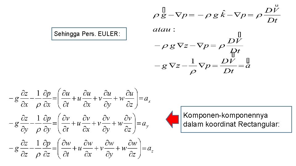 Sehingga Pers. EULER: Komponen-komponennya dalam koordinat Rectangular: 