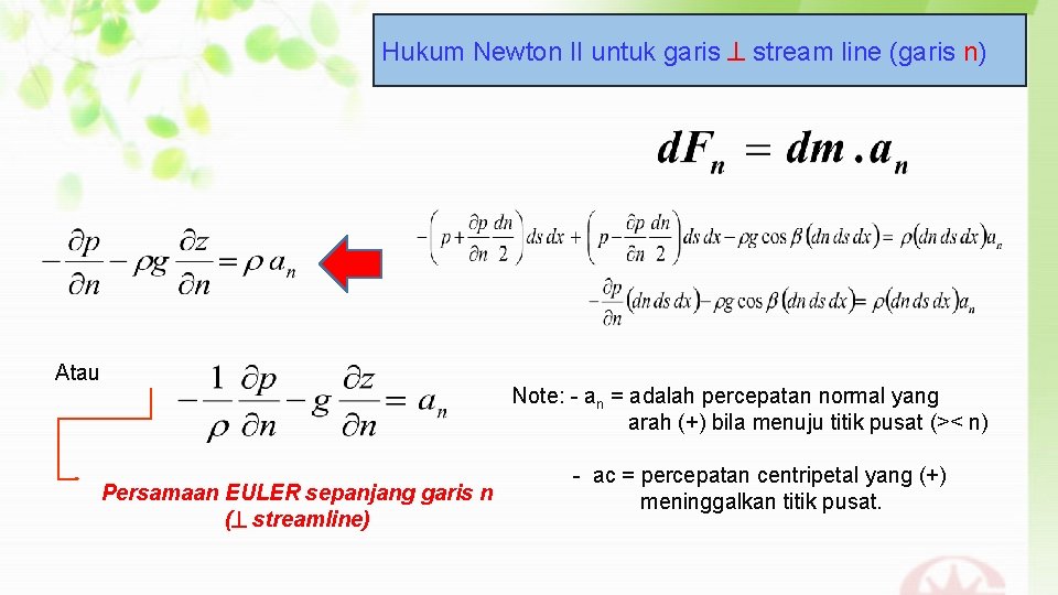 Hukum Newton II untuk garis ^ stream line (garis n) Atau Note: - an