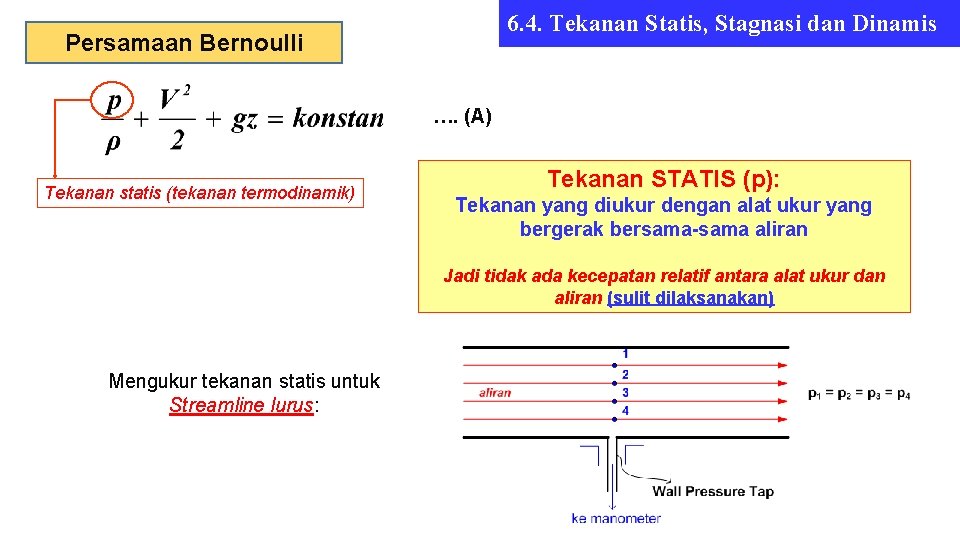 6. 4. Tekanan Statis, Stagnasi dan Dinamis Persamaan Bernoulli …. (A) Tekanan statis (tekanan