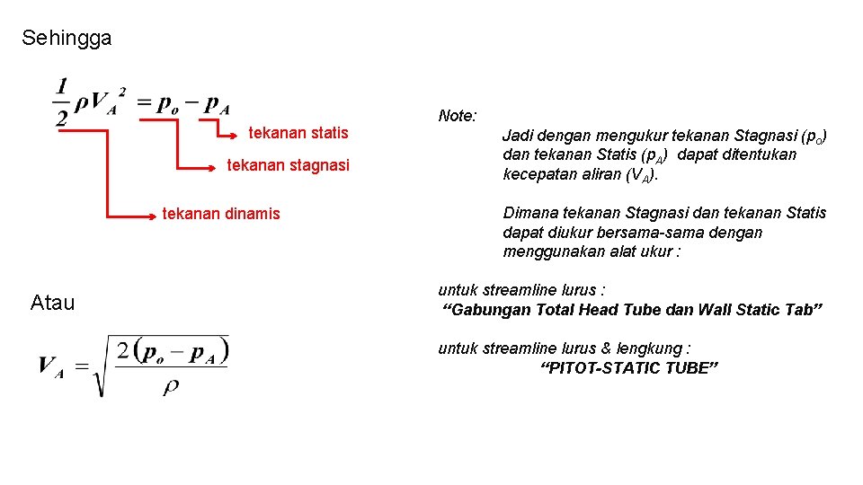 Sehingga tekanan statis tekanan stagnasi tekanan dinamis Atau Note: Jadi dengan mengukur tekanan Stagnasi