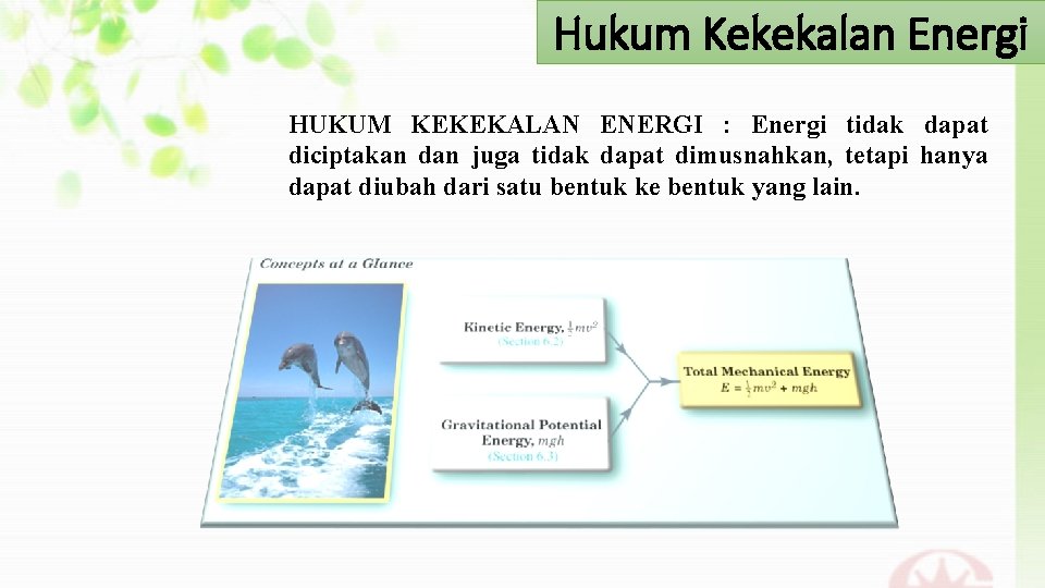 Hukum Kekekalan Energi HUKUM KEKEKALAN ENERGI : Energi tidak dapat diciptakan dan juga tidak