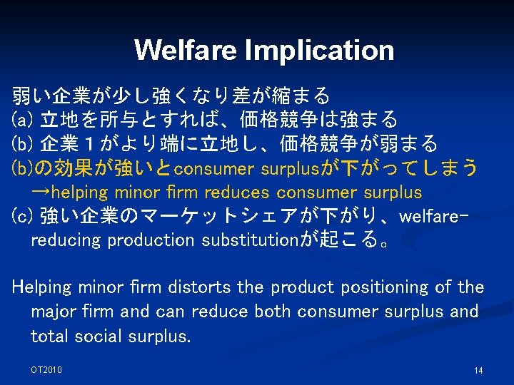 Welfare Implication 弱い企業が少し強くなり差が縮まる (a) 立地を所与とすれば、価格競争は強まる (b) 企業１がより端に立地し、価格競争が弱まる (b)の効果が強いとconsumer surplusが下がってしまう →helping minor firm reduces consumer