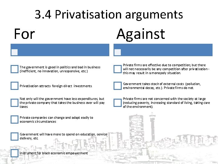 3. 4 Privatisation arguments For Against The government is good in politics and bad