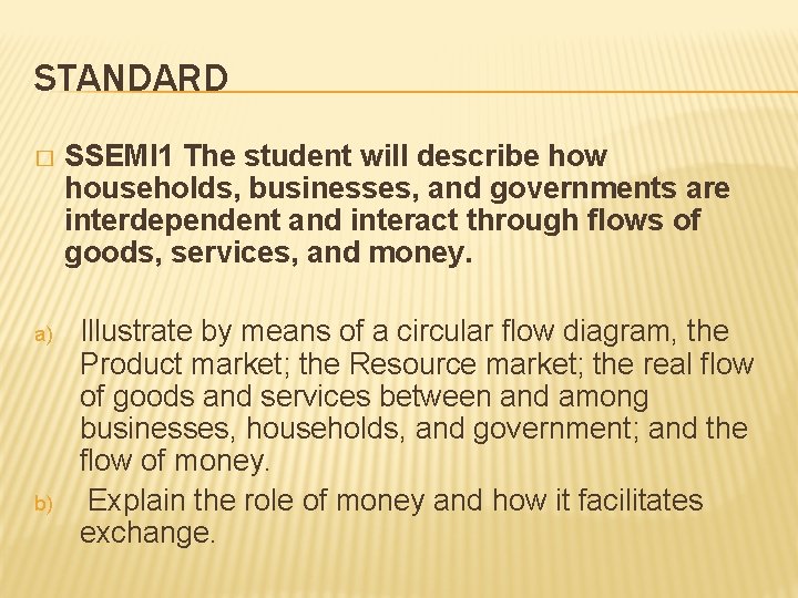 STANDARD � a) b) SSEMI 1 The student will describe how households, businesses, and
