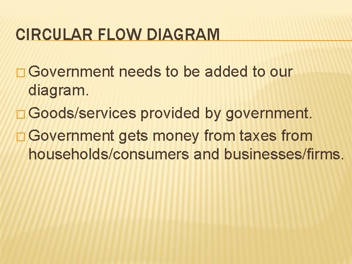 CIRCULAR FLOW DIAGRAM � Government needs to be added to our diagram. � Goods/services