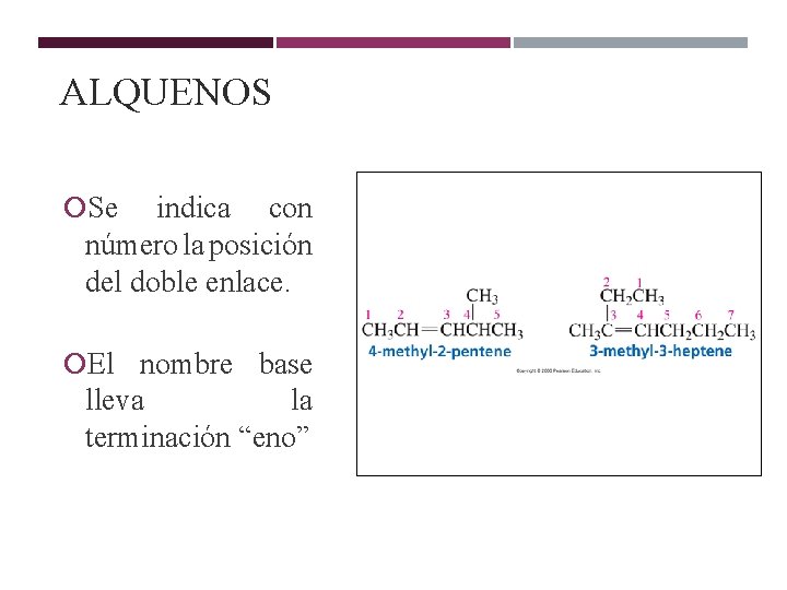 ALQUENOS Se indica con número la posición del doble enlace. El nombre base lleva