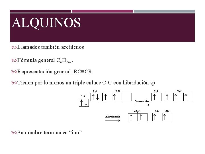 ALQUINOS Llamados también acetilenos Fórmula general Cn. H 2 n-2 Representación general: RC≡CR Tienen