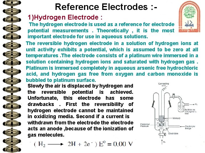 Reference Electrodes : 1)Hydrogen Electrode : The hydrogen electrode is used as a reference