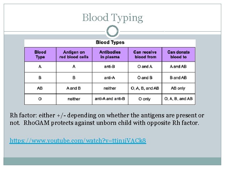 Blood Typing Rh factor: either +/- depending on whether the antigens are present or