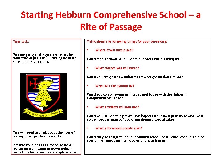 Starting Hebburn Comprehensive School – a Rite of Passage Your task: Think about the