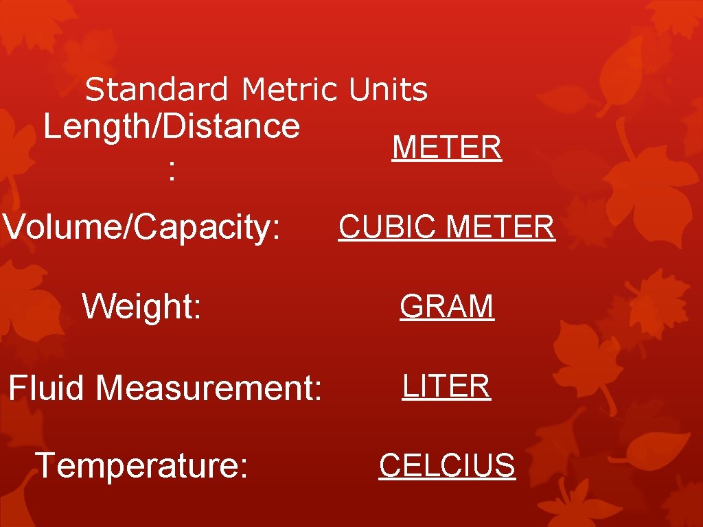 Standard Metric Units Length/Distance : METER Volume/Capacity: CUBIC METER Weight: GRAM Fluid Measurement: Temperature: Standard Metric Units Length/Distance : METER Volume/Capacity: CUBIC METER Weight: GRAM Fluid Measurement: Temperature: