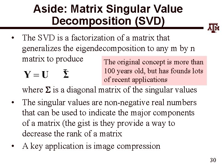 Aside: Matrix Singular Value Decomposition (SVD) • The SVD is a factorization of a