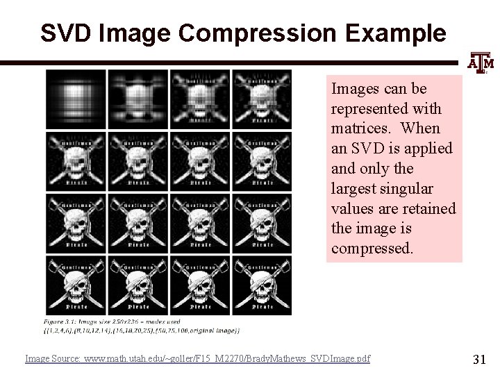 SVD Image Compression Example Images can be represented with matrices. When an SVD is