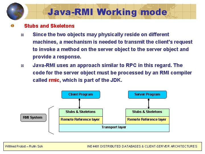 Java-RMI Working mode Stubs and Skeletons Since the two objects may physically reside on