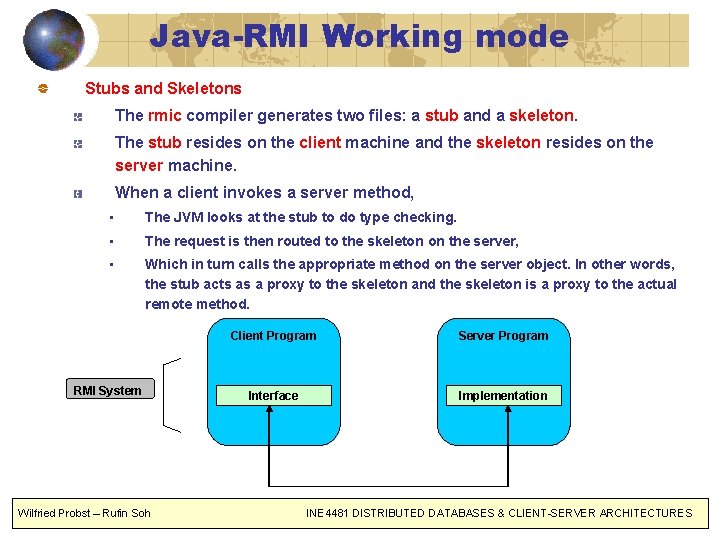 Java-RMI Working mode Stubs and Skeletons The rmic compiler generates two files: a stub