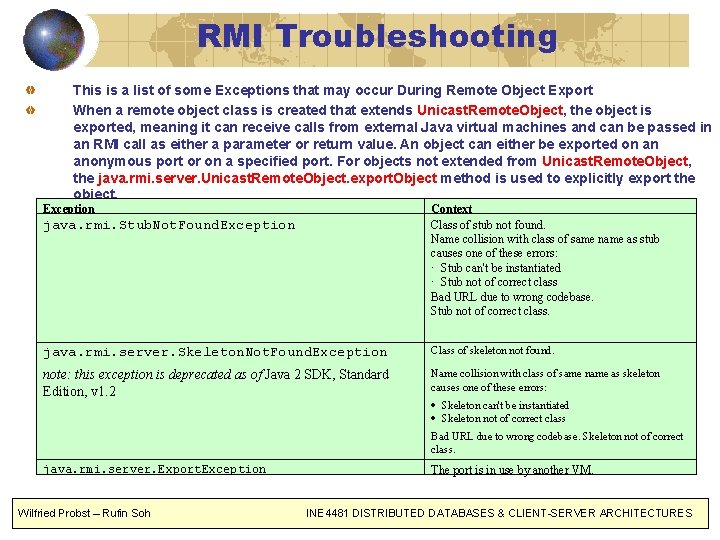 RMI Troubleshooting This is a list of some Exceptions that may occur During Remote