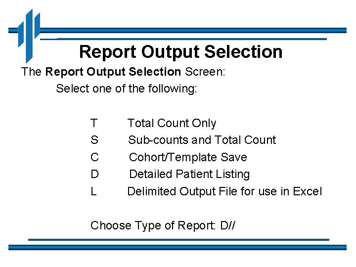 Report Output Selection The Report Output Selection Screen: Select one of the following: T