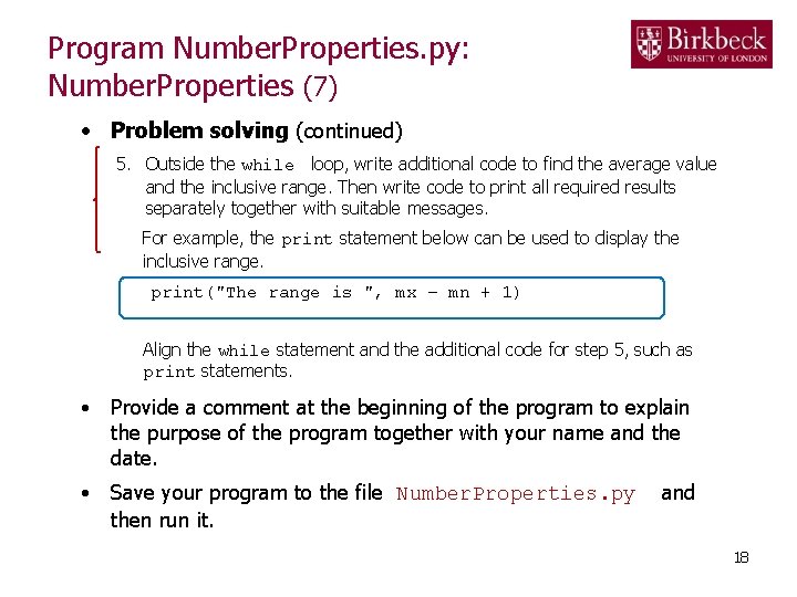 Program Number. Properties. py: Number. Properties (7) • Problem solving (continued) 5. Outside the