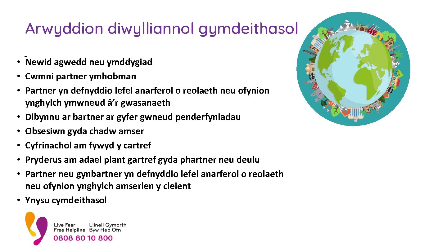 Arwyddion diwylliannol gymdeithasol - • Newid agwedd neu ymddygiad • Cwmni partner ymhobman •