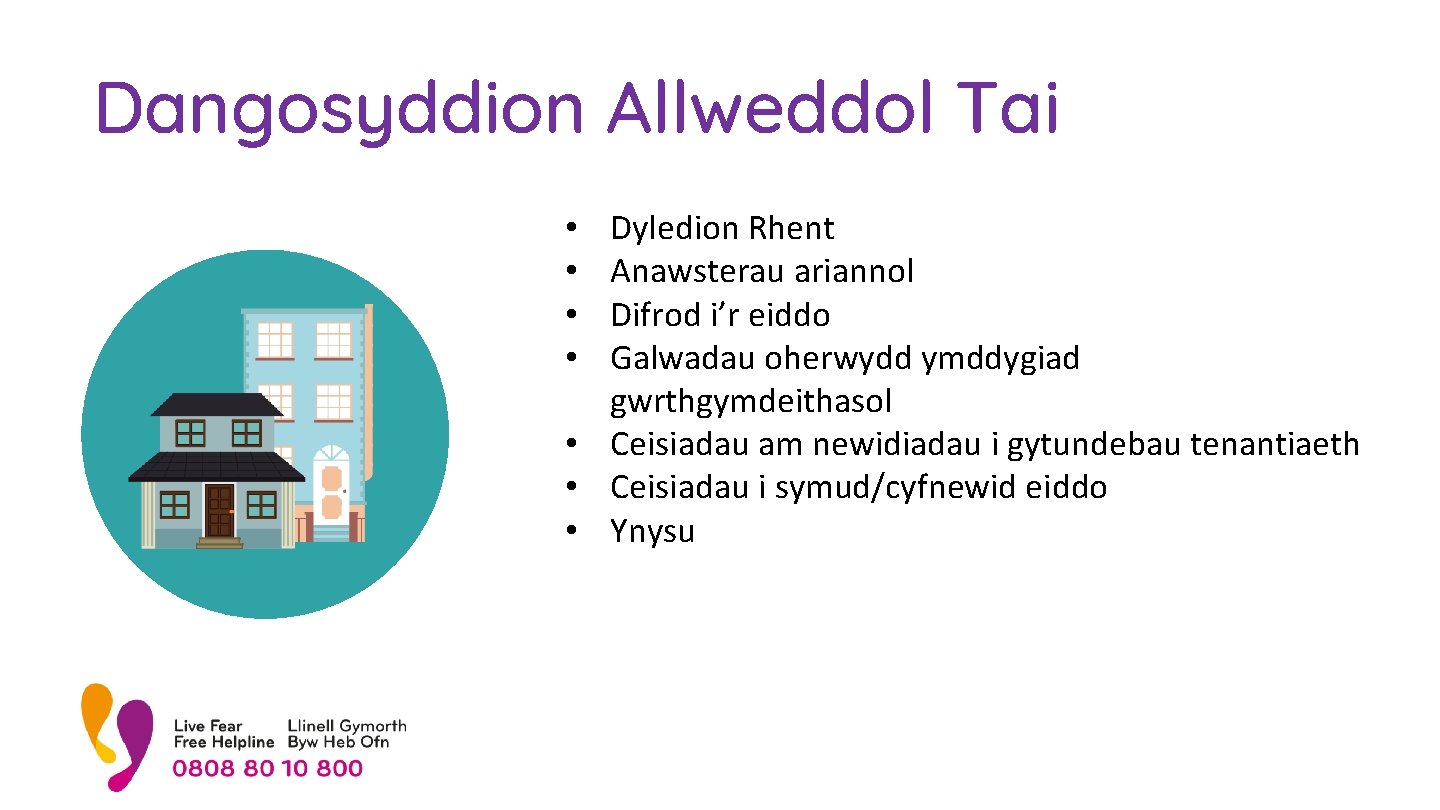 Dangosyddion Allweddol Tai Dyledion Rhent Anawsterau ariannol Difrod i’r eiddo Galwadau oherwydd ymddygiad gwrthgymdeithasol