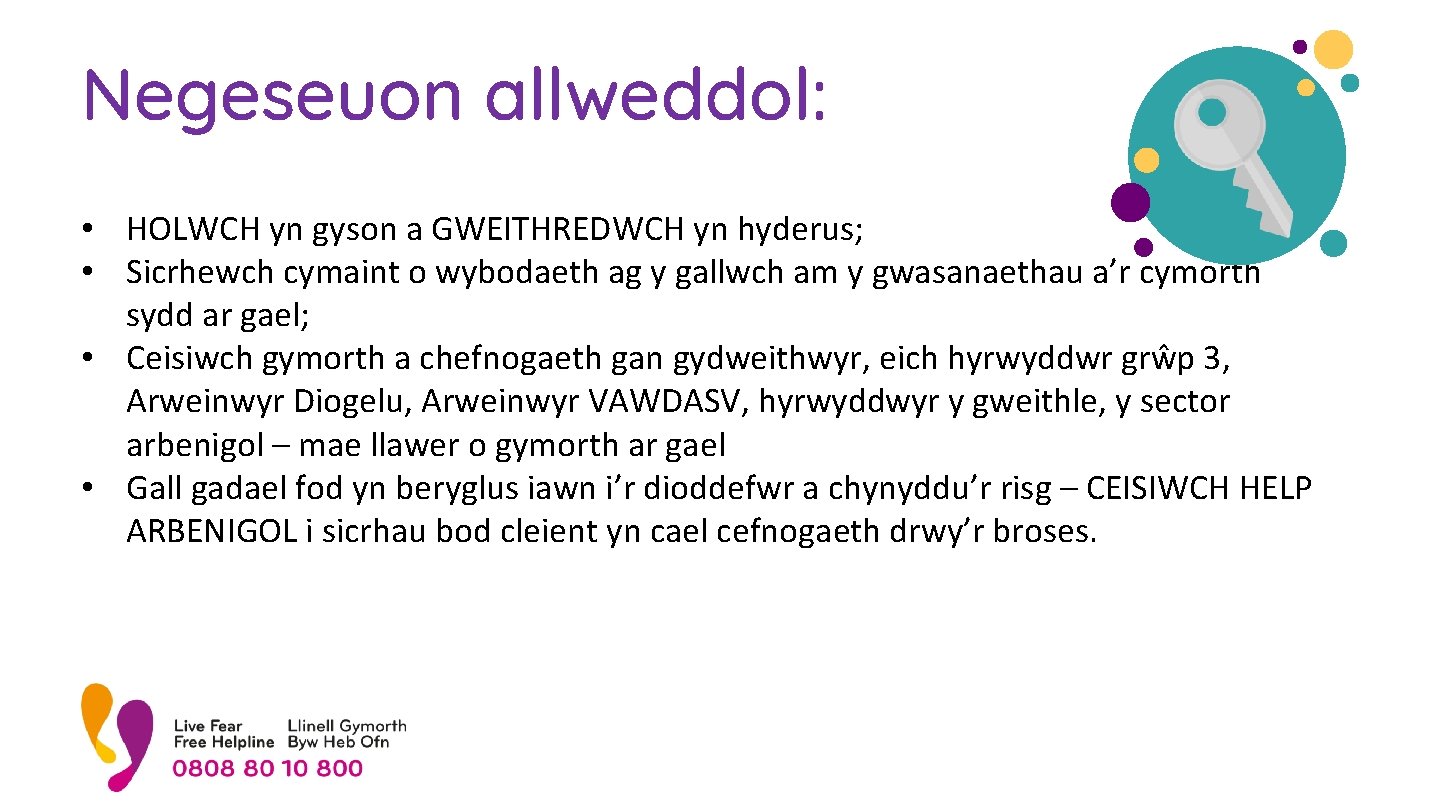 Negeseuon allweddol: • HOLWCH yn gyson a GWEITHREDWCH yn hyderus; • Sicrhewch cymaint o