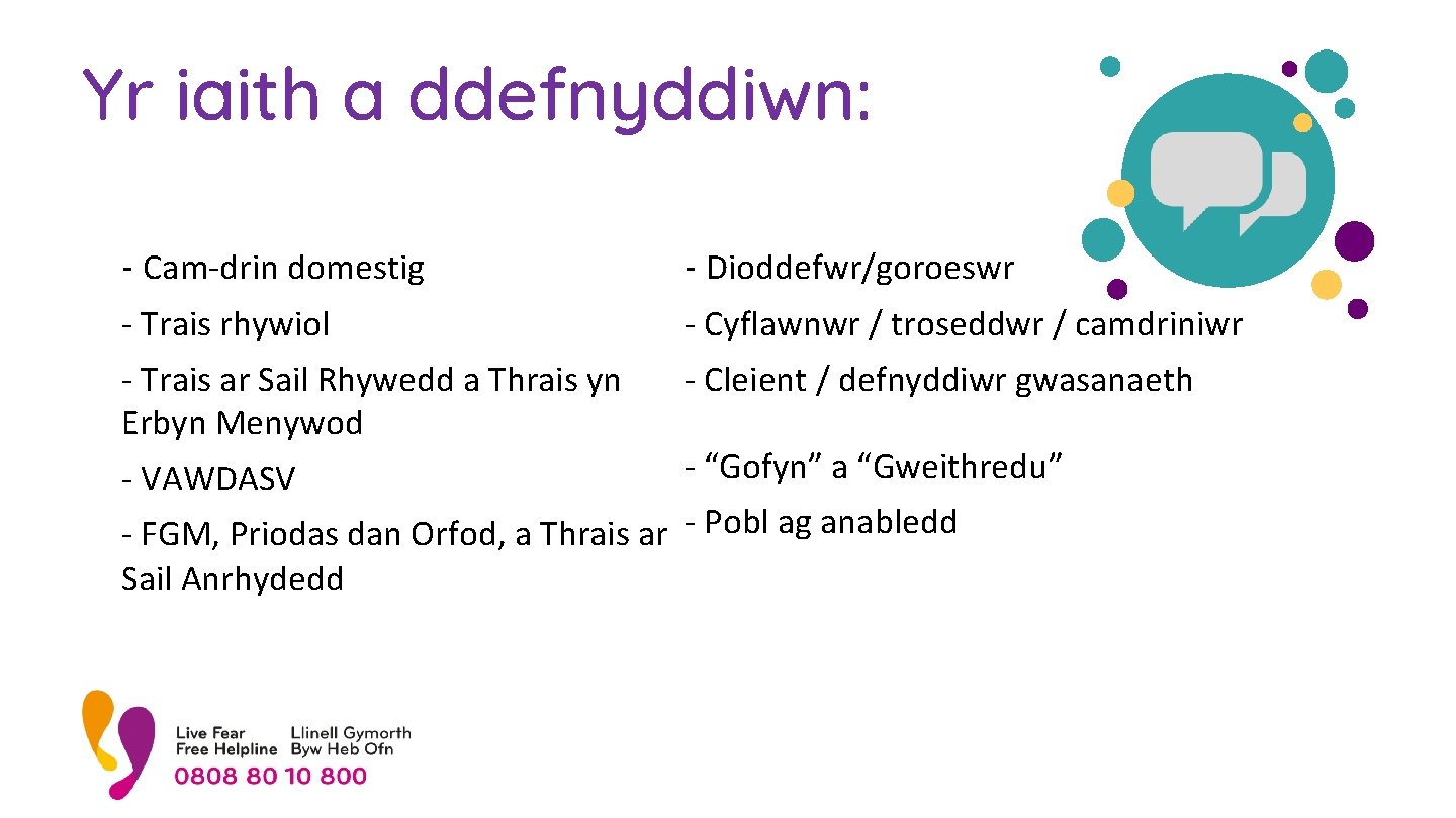 Yr iaith a ddefnyddiwn: - Cam-drin domestig - Dioddefwr/goroeswr - Trais rhywiol - Cyflawnwr