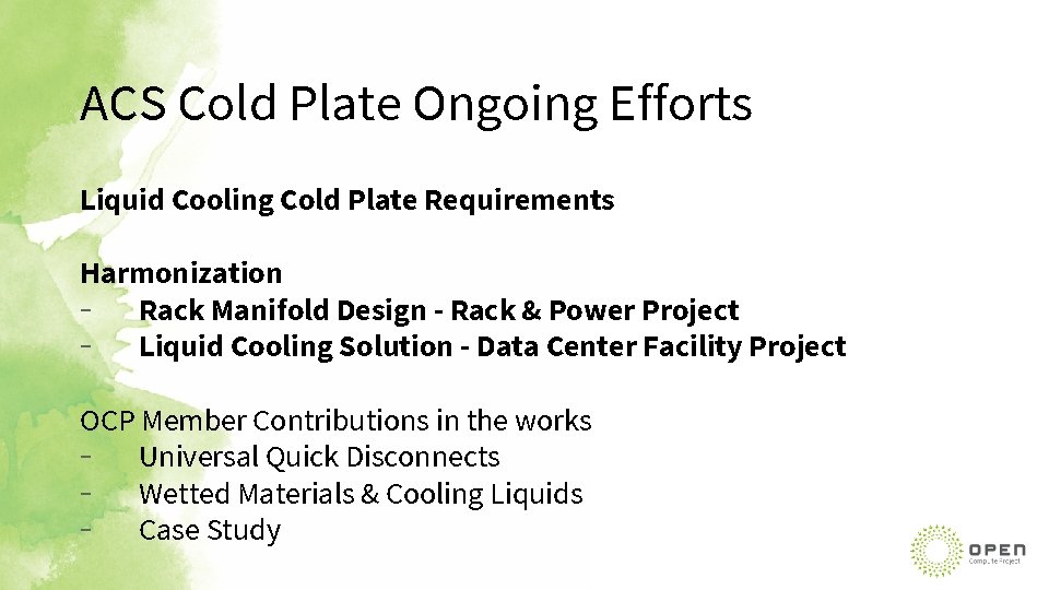 ACS Cold Plate Ongoing Efforts Liquid Cooling Cold Plate Requirements Harmonization - Rack Manifold