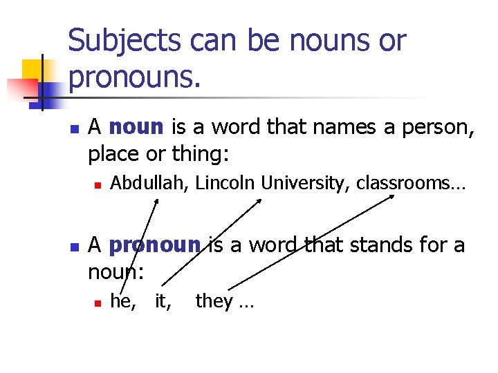Subjects can be nouns or pronouns. n A noun is a word that names